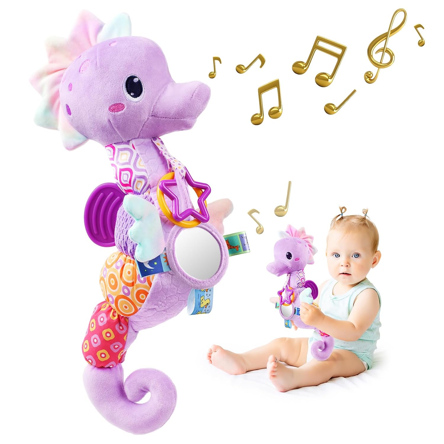 Detalle de Sumobaby Seahorse Plush Activity Toy with Mirror, Crinkle and Rattle Sounds