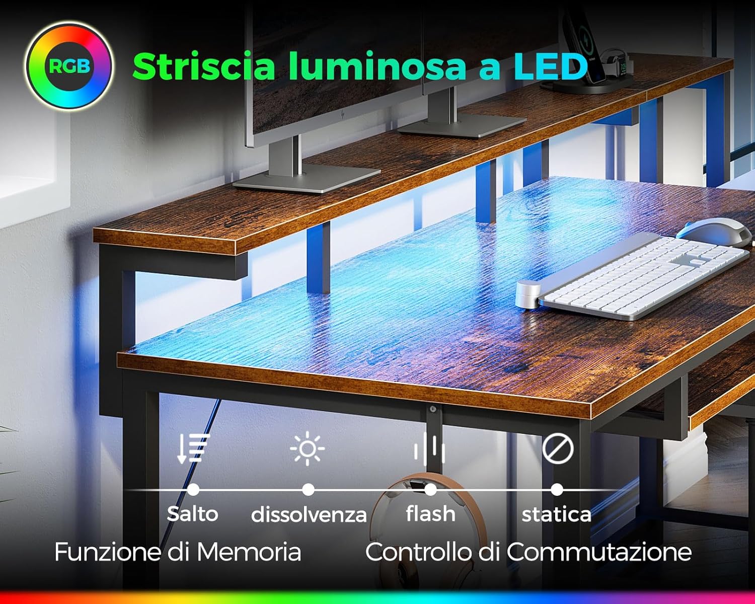 Detalle de Coleshome Scrivania Gaming con LED e Prese, 140x48cm: scrivania reversibile con vassoio tastiera e supporto monitor