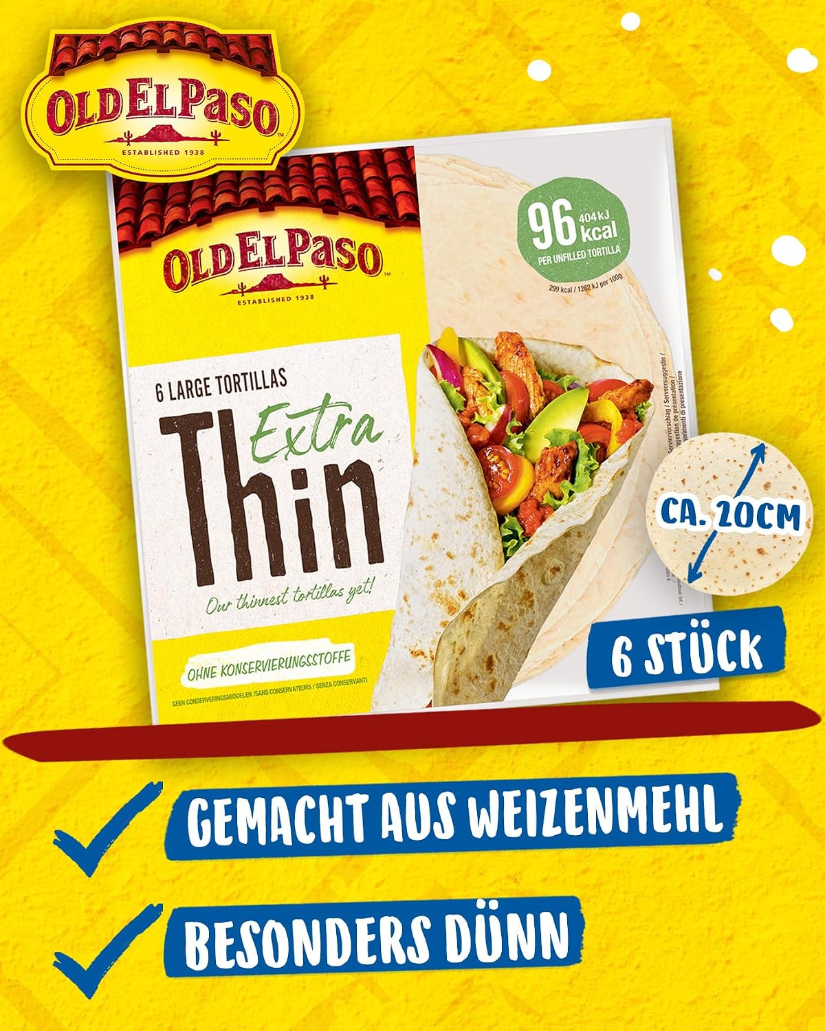 Detalle de Old El Paso Wrap Tortillas extra dünn (Ø 20 cm), 6 Stück – zum Befüllen von Tacos & Burritos