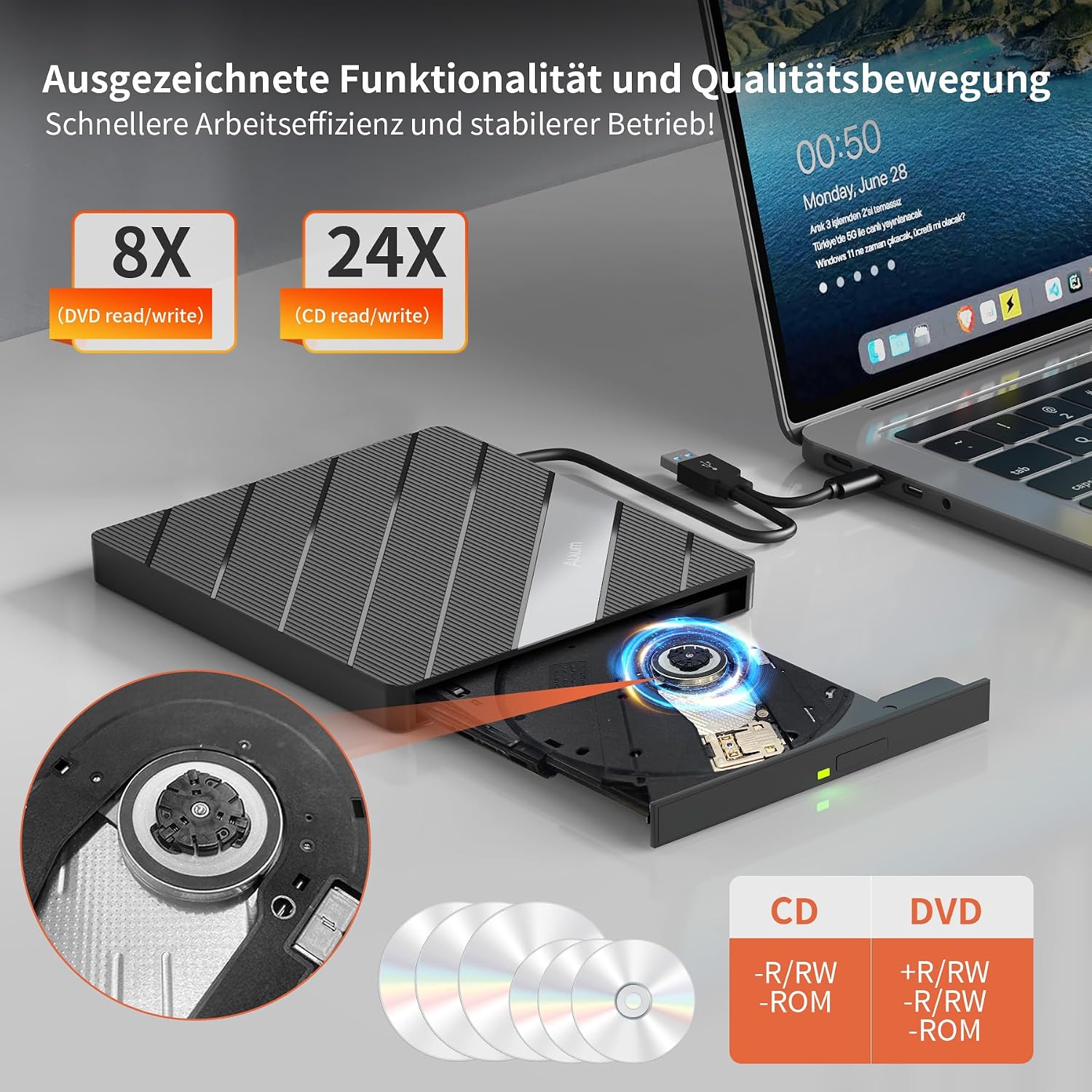 Detalle de Alxum externes DVD-Laufwerk (USB 3.0, Type-C) mit CD-Brenner, SD/TF-Kartenleser