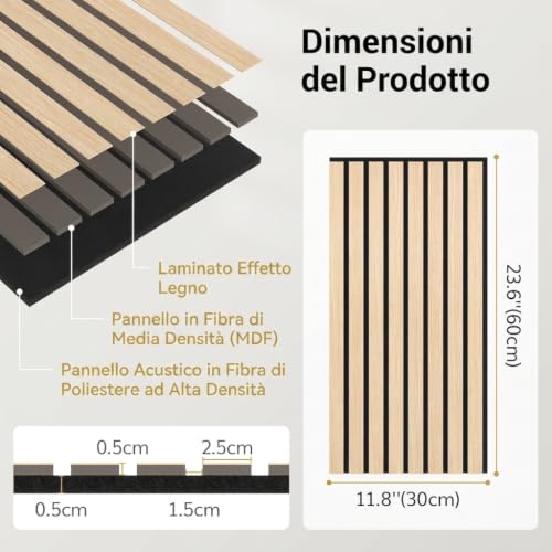 Detalle de TONOR Set da 4 Pannelli Decorativi in Legno per Parete – 60 x 30 cm, 0,72 m², Pannelli Fonoassorbenti 3D in Rovere