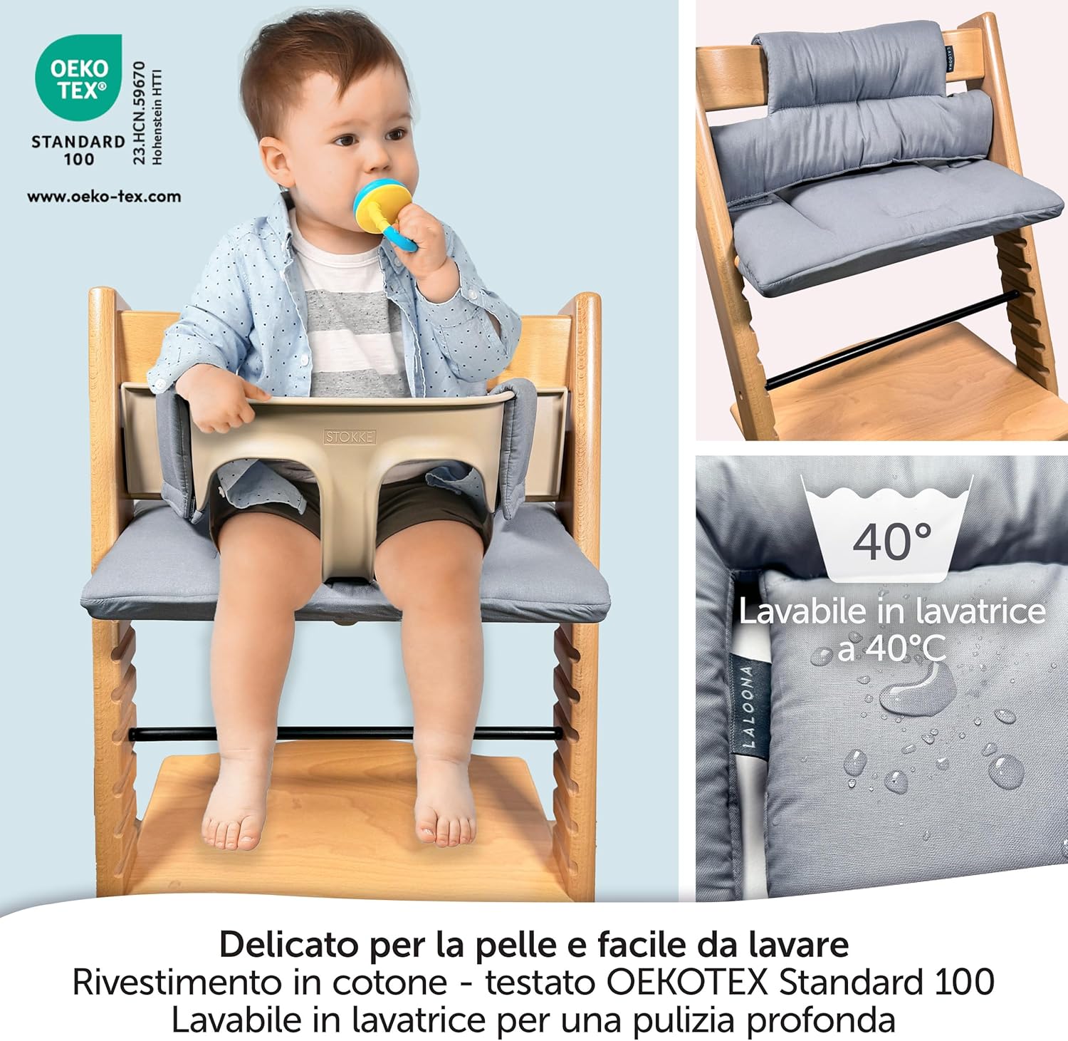Thumbnail 4 de LaLoona Cuscino Seduta per Seggiolone Stokke Tripp Trapp (2 pezzi) in cotone OEKO-TEX, grigio rivestito