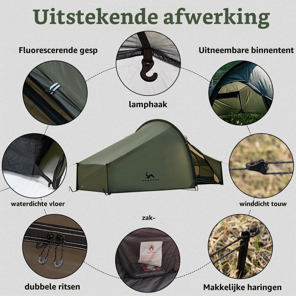 Detalle 1 de TOMOUNT Bivy Tnl-4NyZt bivaktent voor 1 persoon, waterdicht en dubbellaags