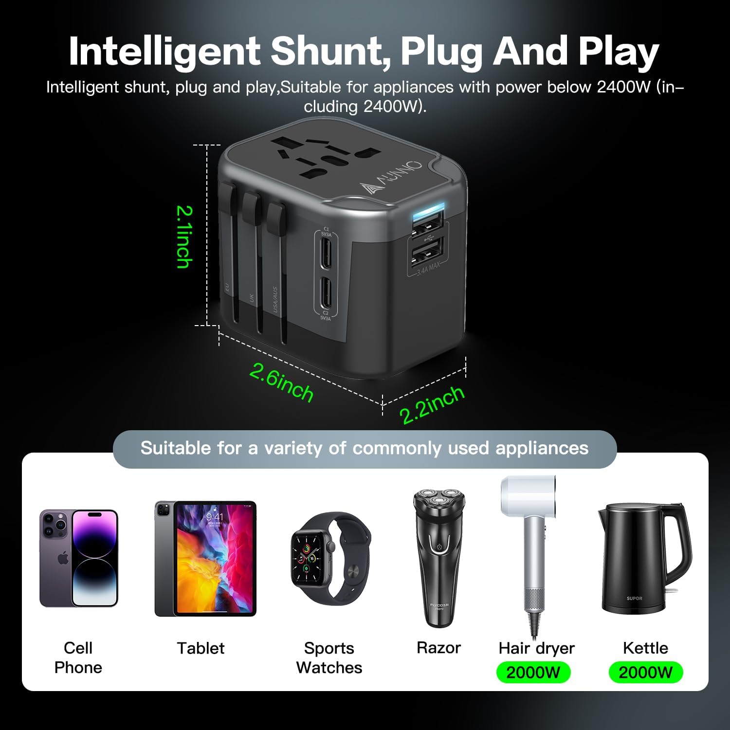 Thumbnail 5 de AUNNO Universal Travel Adapter with 2 USB-C and 2 USB ports 🔌