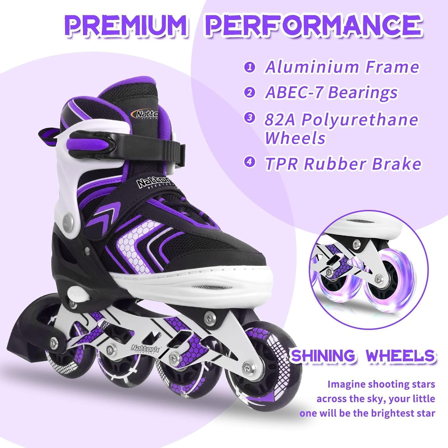Detalle de Nattork Adjustable Inline Skates with Full Light-Up Wheels for Kids (Purple/Pink/Blue/Black)