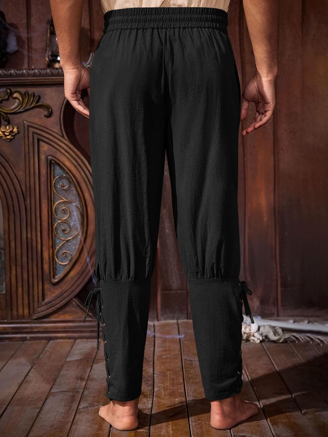 Detalle de Runcati QT1806 Men's Medieval Pirate Pants, Cotton, Lace-Up Cuffs, Side Pockets