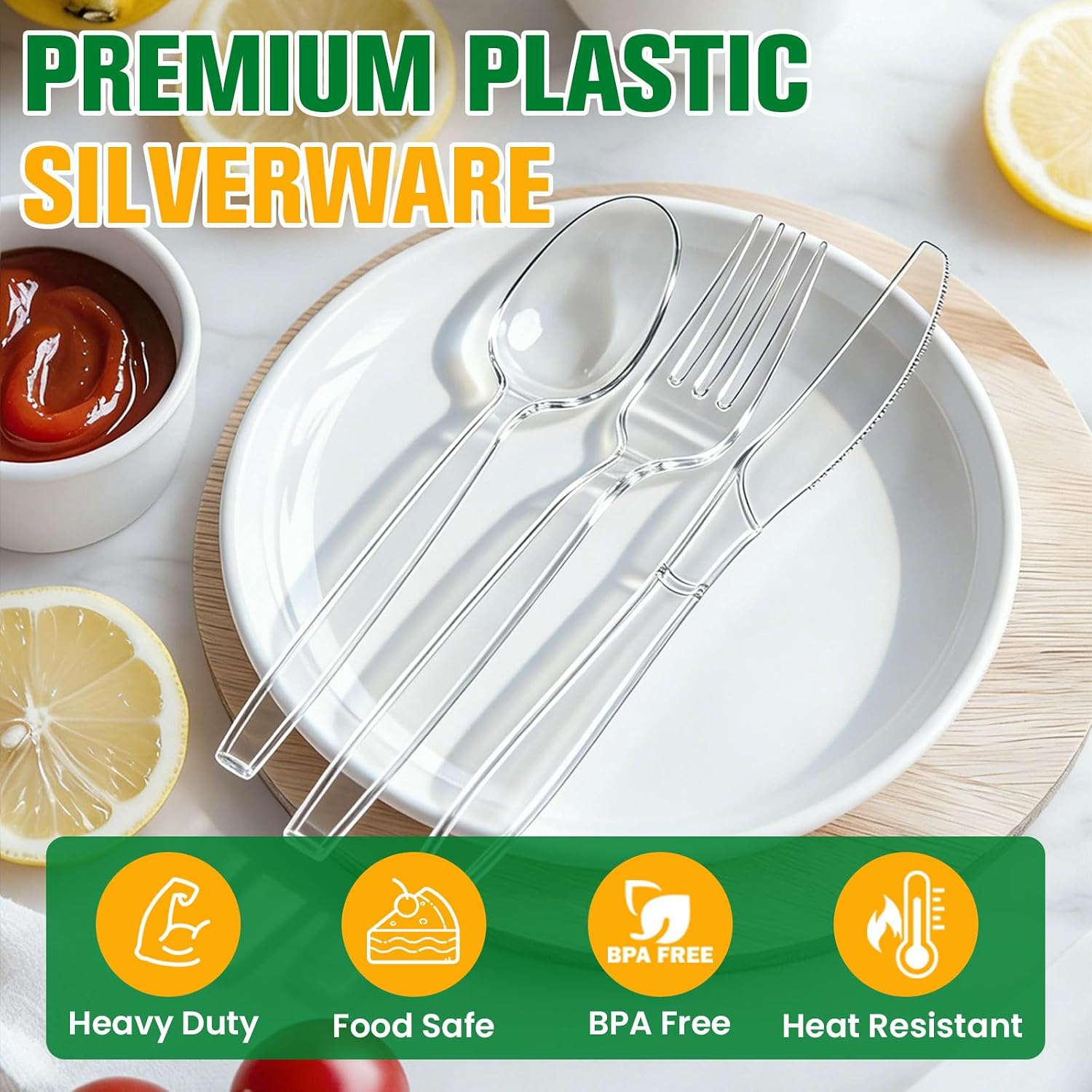 Detalle de 1200 Count Plastic Silverware Heavy Duty Set (500 Forks, 500 Spoons, 200 Knives) — BPA-Free, Heat-Resistant, Clear Disposable Utensils