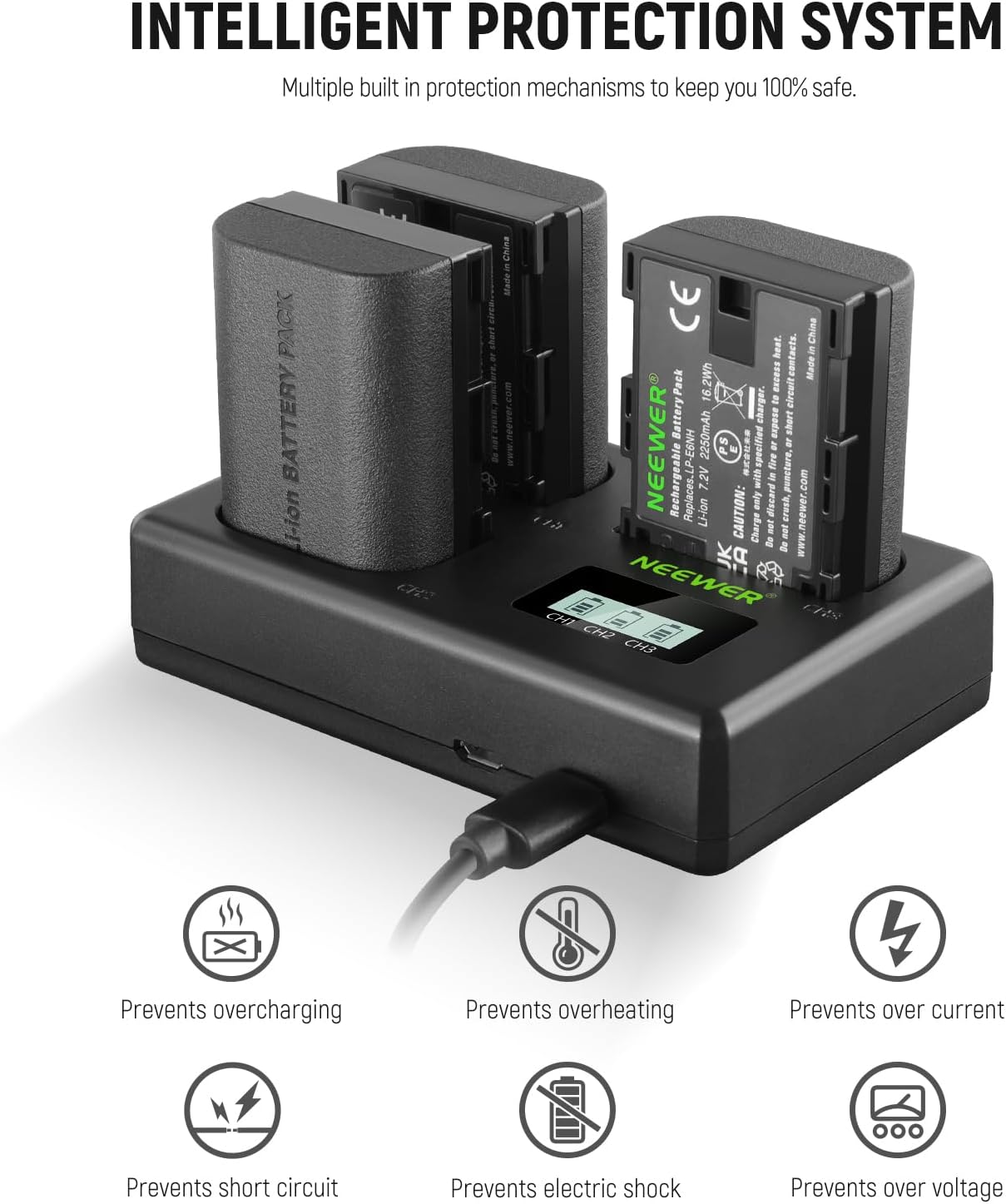 Thumbnail 2 de NEEWER LP-E6NH Replacement Battery Set: 3 x 2250mAh Batteries with Triple Slot USB Charger (plus Cleaning Cloth) for Canon EOS R Series and More