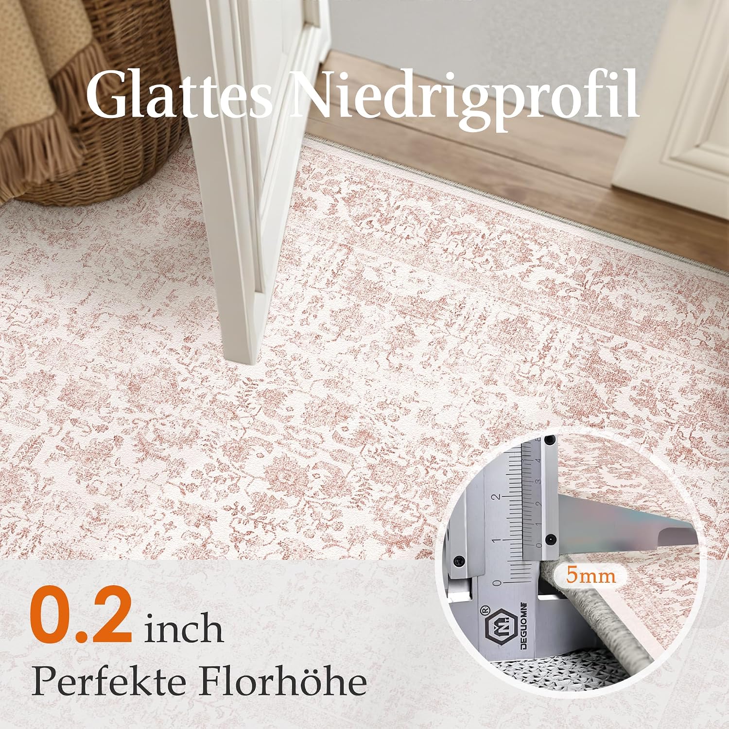 Detalle 2 de HUGEAR Vintage Rose waschbarer Teppich 60x180 cm – rutschfest für Flur, Küche & Schlafzimmer