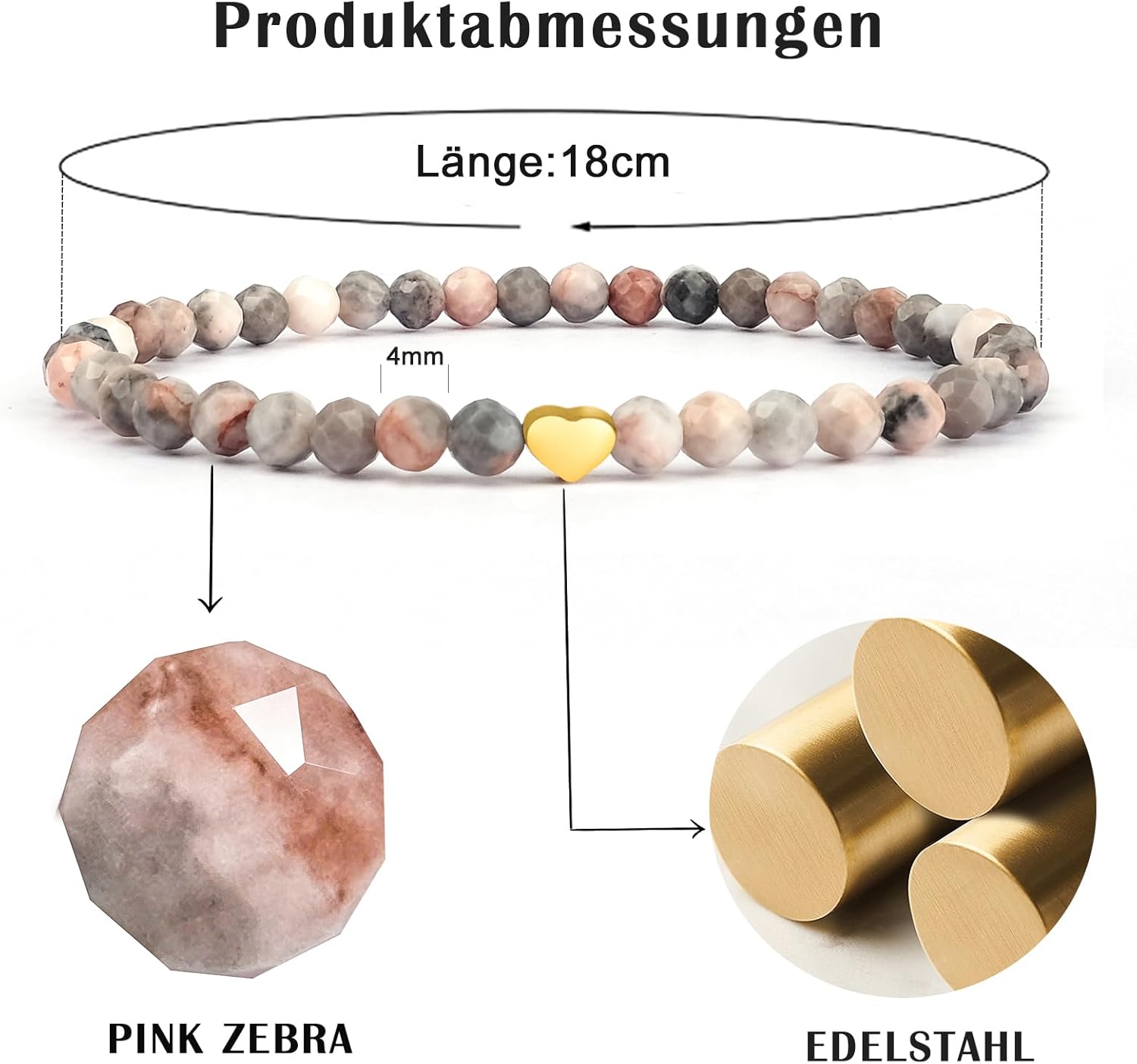 Thumbnail 3 de RUBY Edelstein Armband für Frauen – 4 mm Perlen, 18K Vergoldete Edelstahlherz-Accessoires, elastisch & handgefertigt