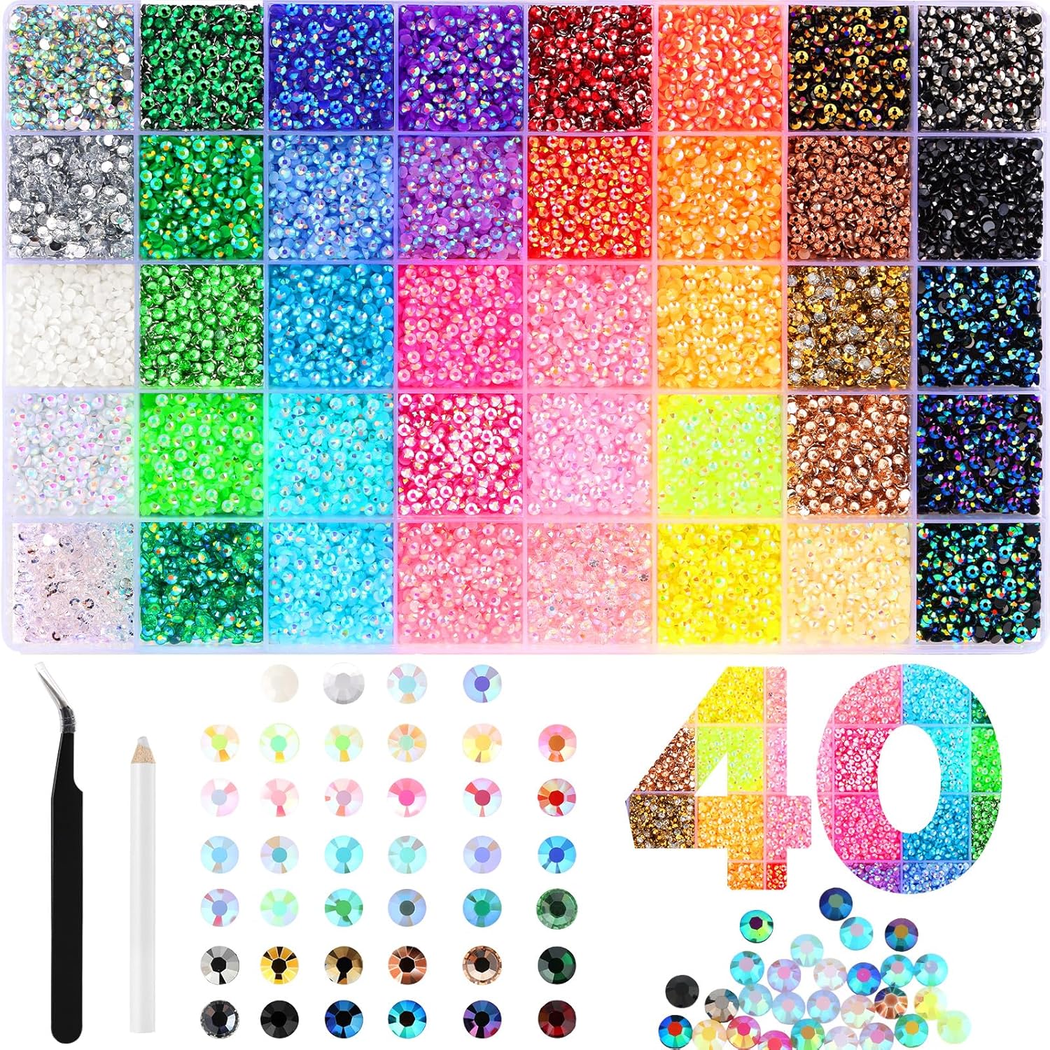 Detalle de Zefy 40 Farben 3mm Jelly Strasssteine – 32.000 Stück Bedazzler-Set mit Pinzette und Wachsstift