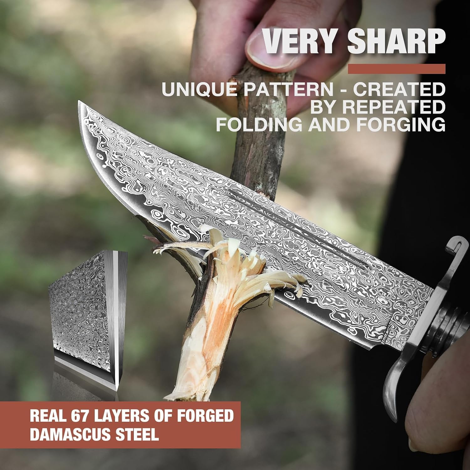 Detalle de DRACHENADER W-S-Damas Damascus Fixed-Blade Hunting Knife with Wood Handle
