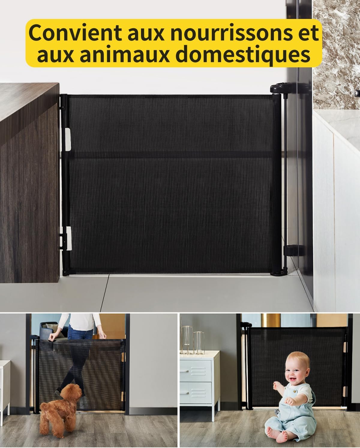 Detalle 2 de Barrière de Sécurité Rétractable pour Bébé et Animaux – Extensible 0-140 cm, Noir