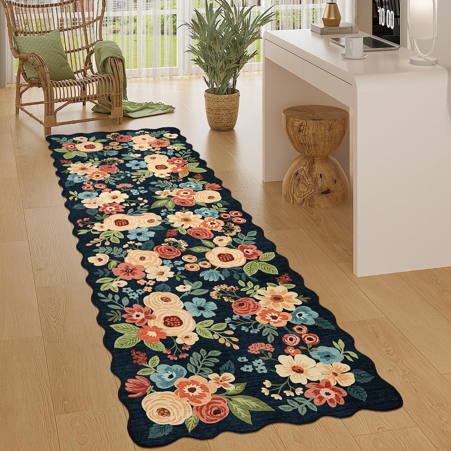 Thumbnail 6 de DUKINO 2x10 Runner Rug for Hallway: Navy Blue, Non-Slip, Washable Floral Boho Style