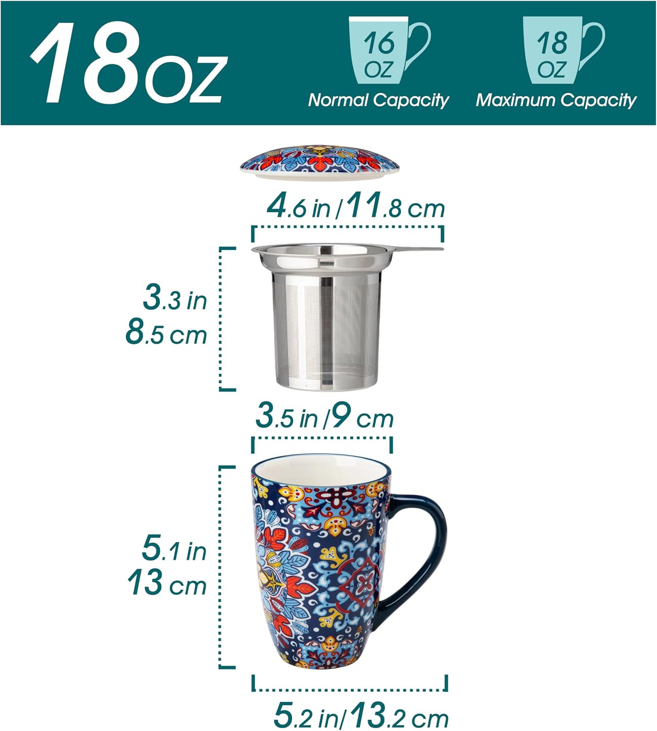Detalle 2 de vancasso Ceramic Tea Mug with Infuser and Lid (18 Ounce) — Royal-Crimson Flourish