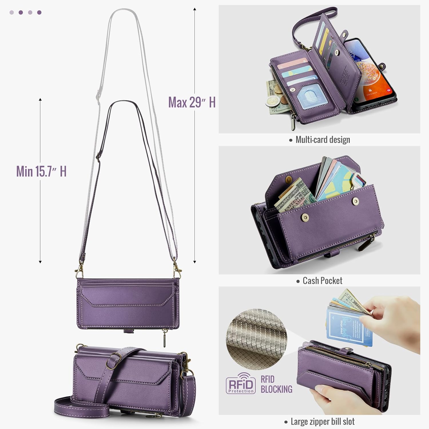 Thumbnail 2 de Phone Case for Samsung Galaxy A14/M14 5G with Zipper Wallet, RFID Blocking & Screen Protector (Purple)