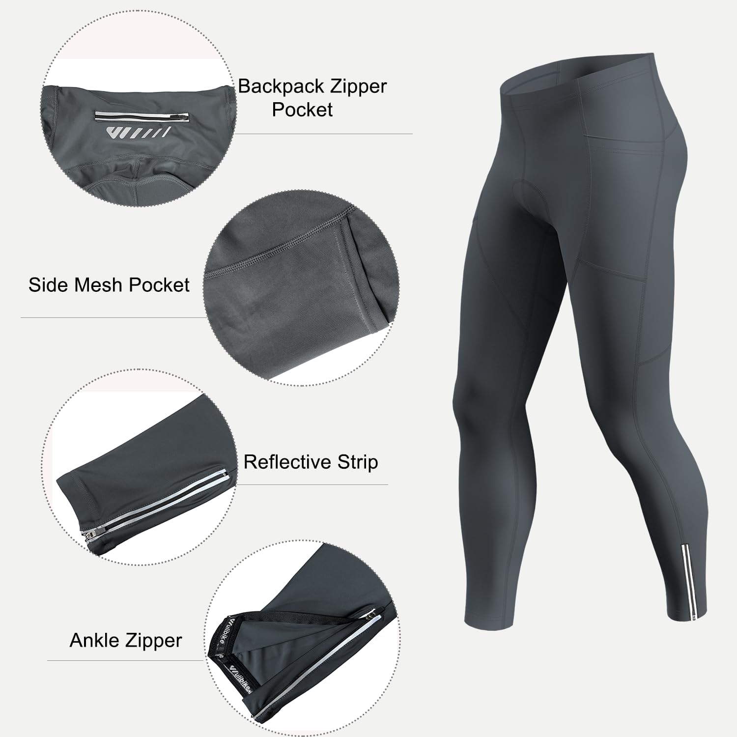 Detalle de Lo.gas Herren Lang Gepolsterte Fahrrad Hose – Radhose mit Taschen, Reflektorstreifen und atmungsaktivem Stoff
