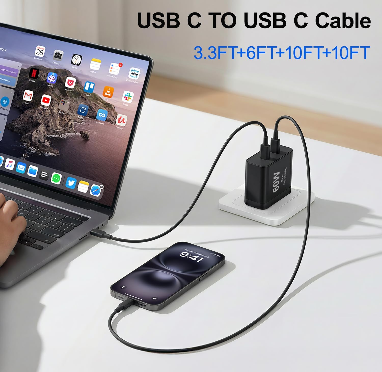 Thumbnail 3 de iPhone 17 Charger: 45W Dual-Port USB-C Fast Charger with 10ft Cable
