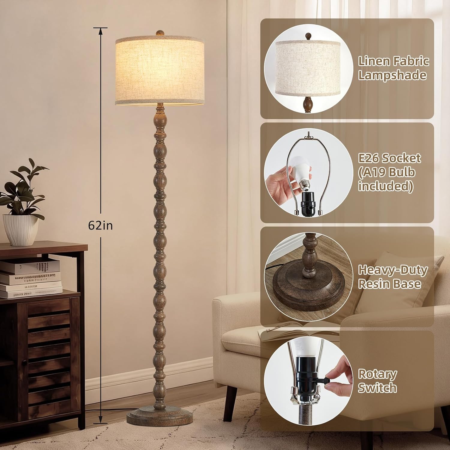Detalle de Luvkczc F00218 Farmhouse Floor Lamp, 62-Inch, Adjustable Colour Temperature