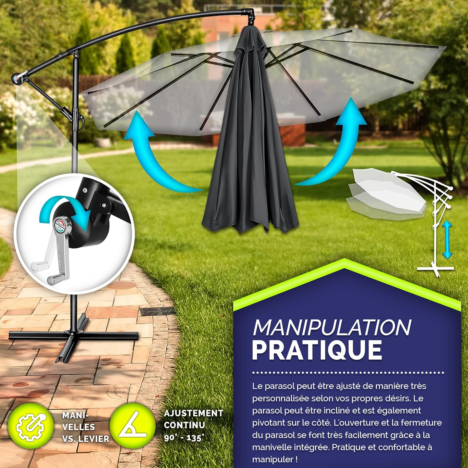 Thumbnail 2 de Tillvex Parasol déporté hexagonal 3 m avec manivelle et pied robuste – protection UV et déperlance
