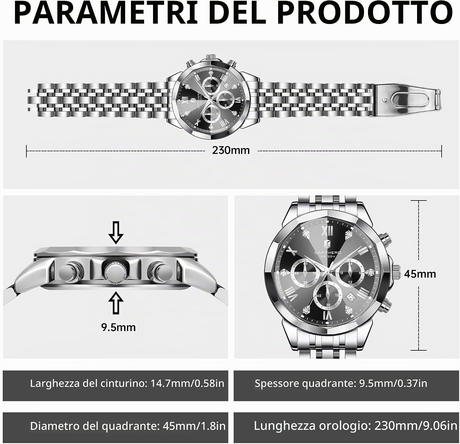 Detalle de SAPPHERO Orologio da uomo Analogico Quarzo Cronografo 50M – Elegante e Sportivo in Acciaio