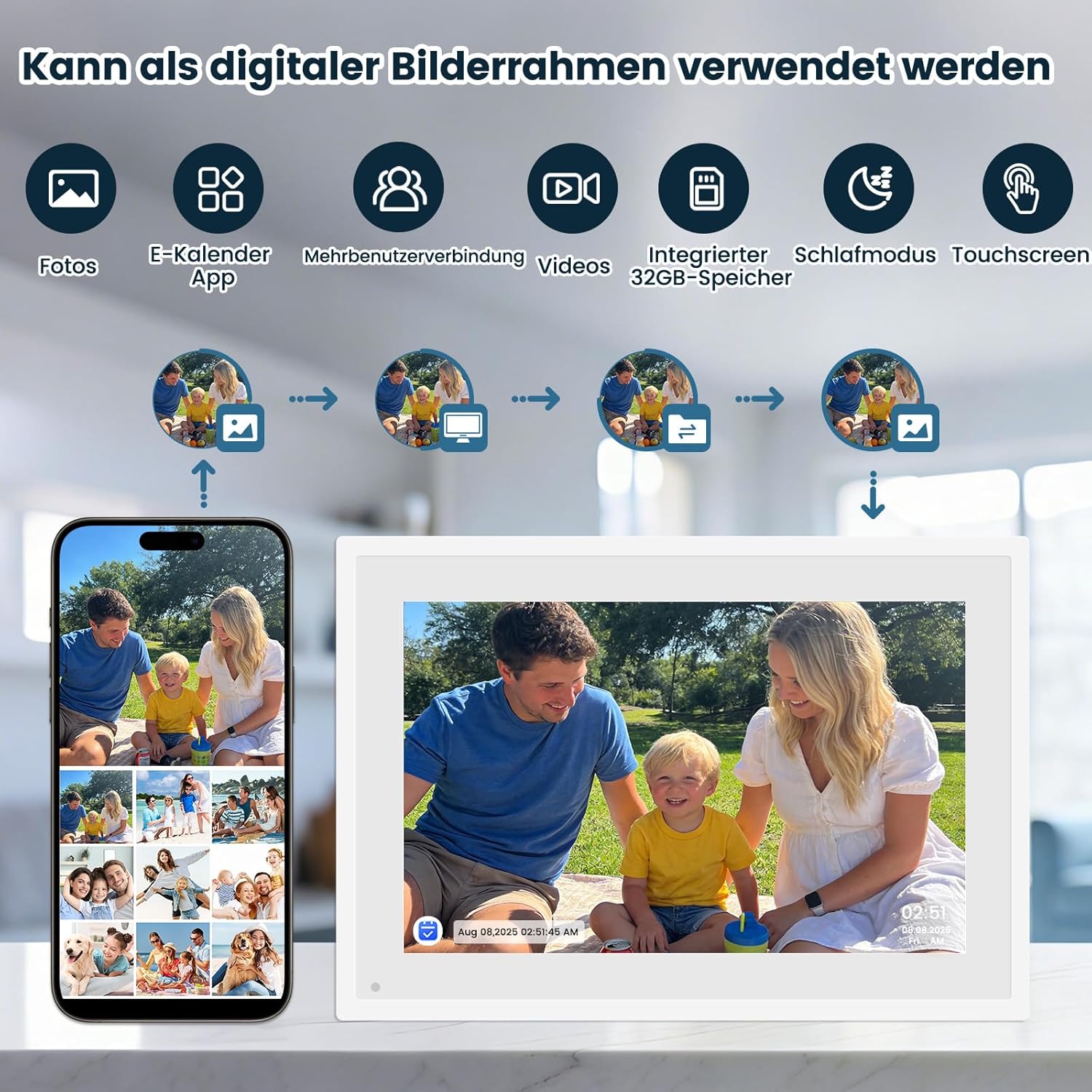 Detalle de Ekasoco 10,1-Zoll digitaler Kalender mit Touchscreen (32 GB, WiFi) für Familie & Zuhause