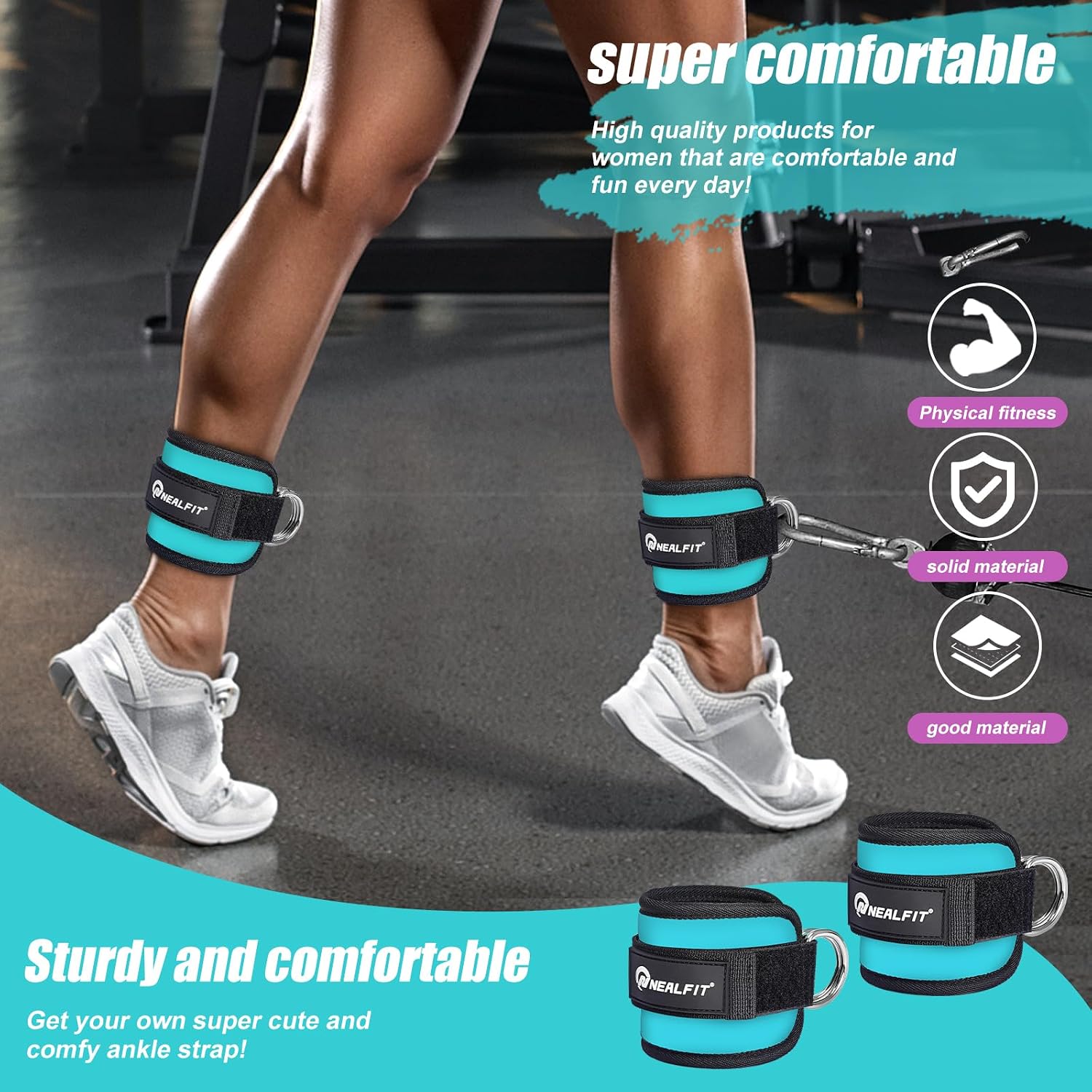 Thumbnail 6 de NEALFIT Ankle Straps for Cable Machines, 7 mm Neoprene, Blue Pair