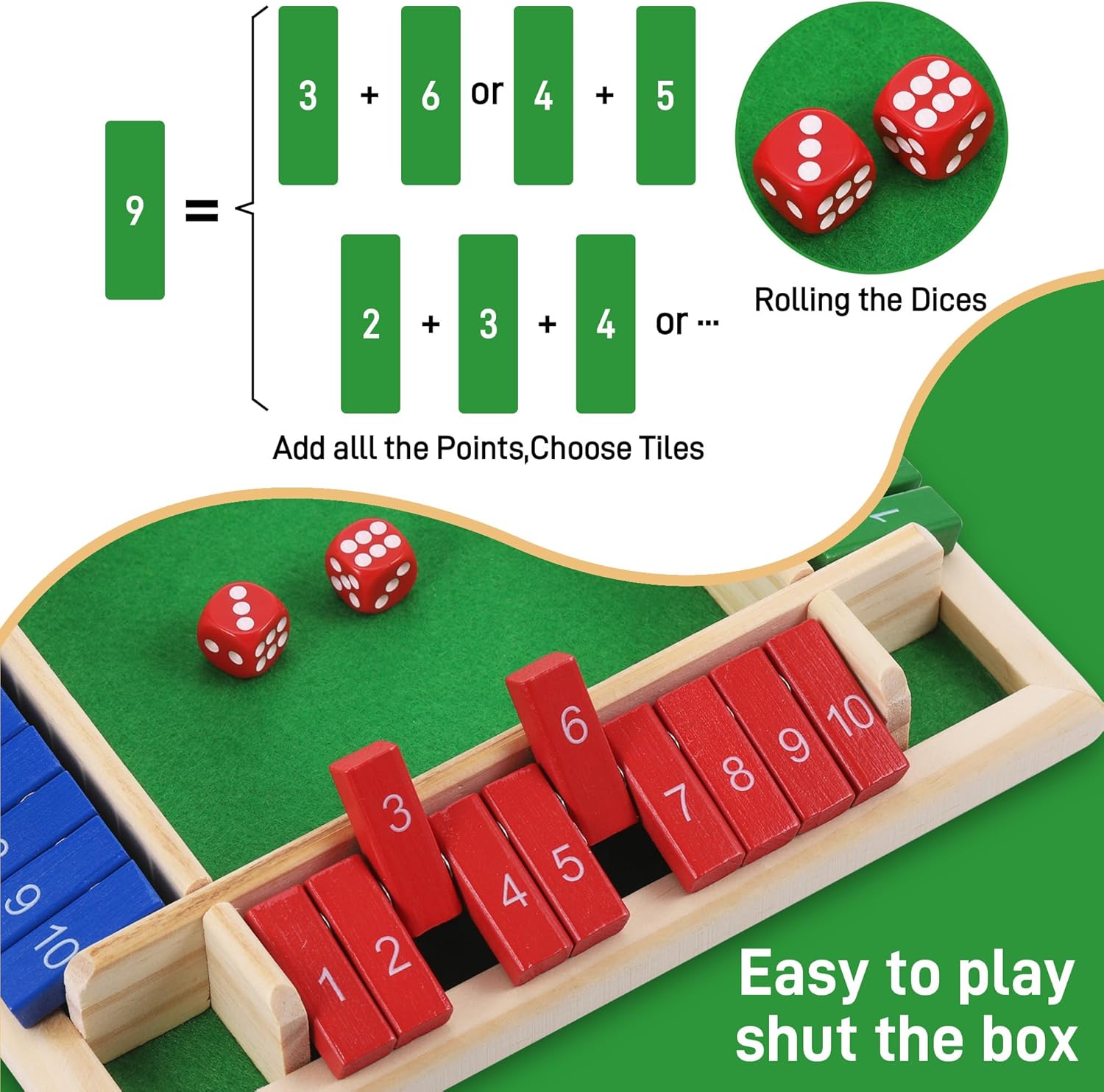 Thumbnail 6 de Fentar Shut The Box: Wooden Dice Game for 2–4 Players