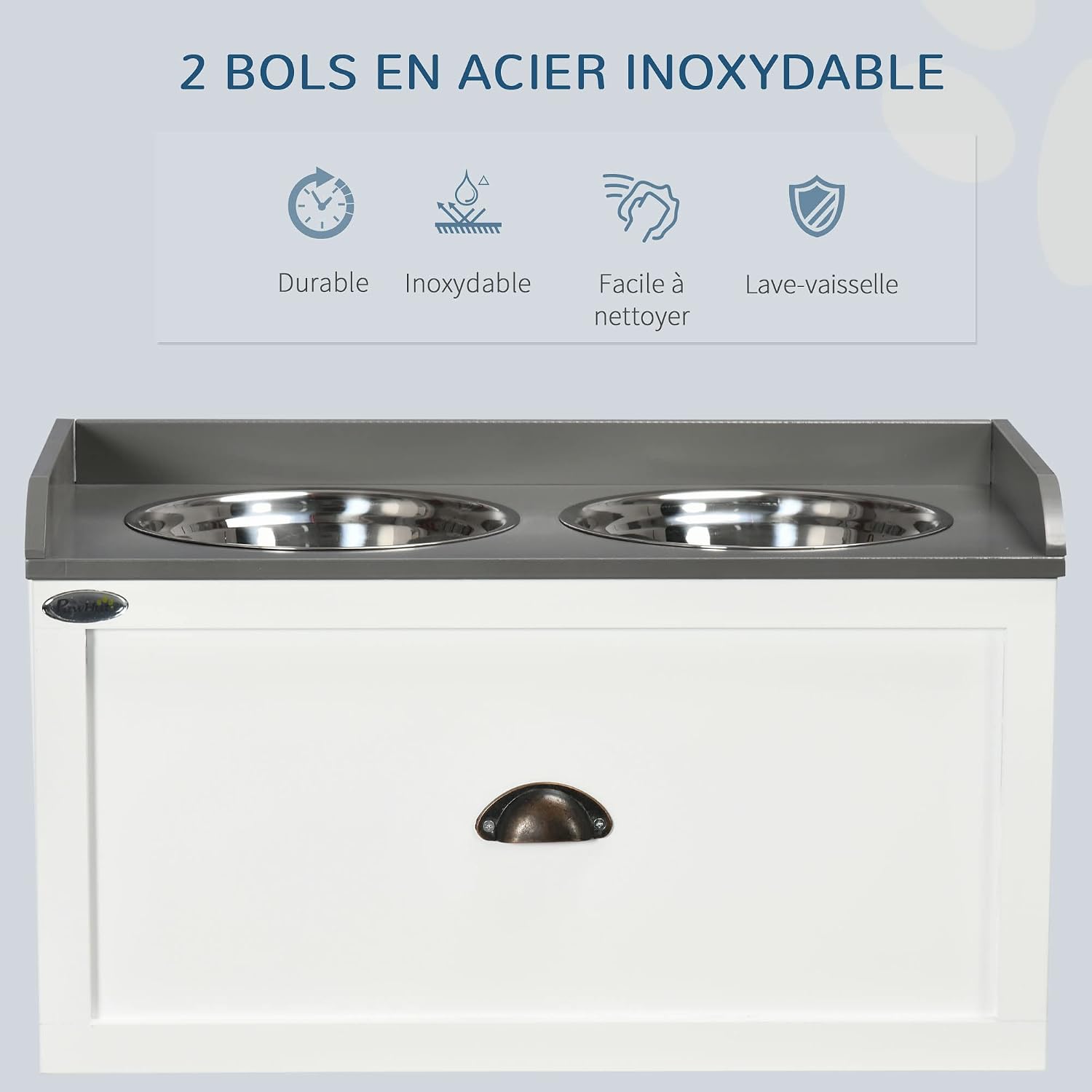 Detalle de PawHut gamelles pour chiens surélevées avec support et tiroir coulissant (2 gamelles inox de 2 L)