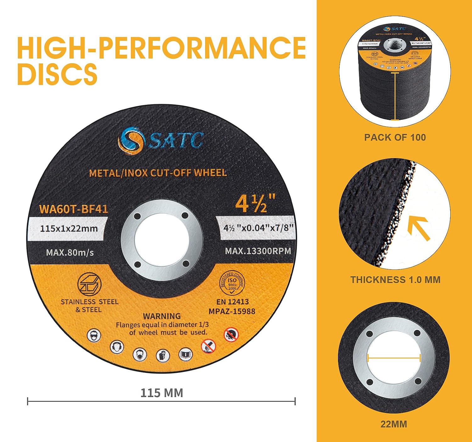 Thumbnail 1 de SATC 115mm Cutting Discs (100-Pack) for Angle Grinder – Ultra-Thin 1mm, Durable Ferrous Metal Cutting