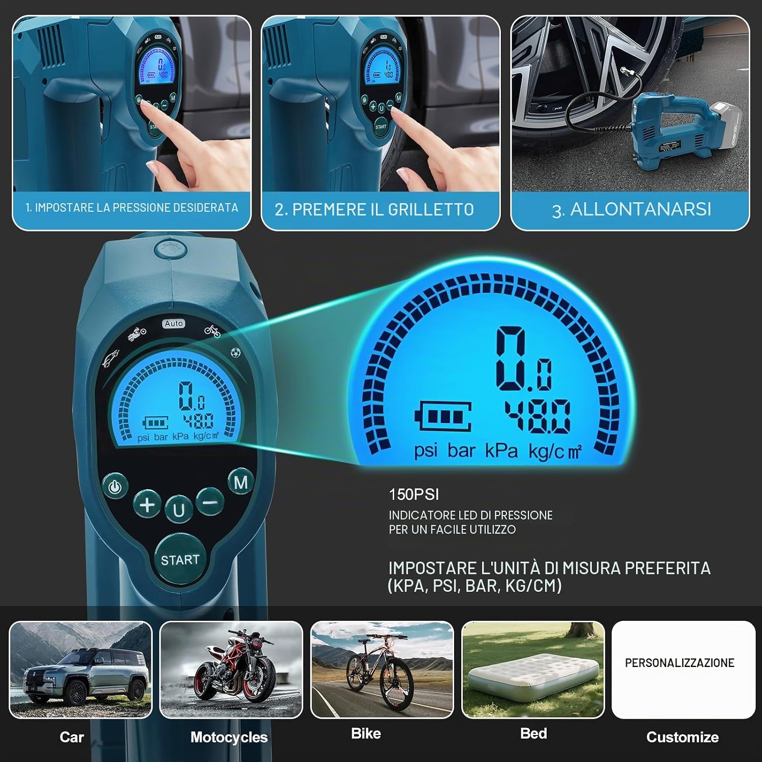 Detalle de Powarobor compressore/gonfiatore portatile per batterie Makita 18V da 10,34 bar (150 PSI) con LED e spegnimento automatico