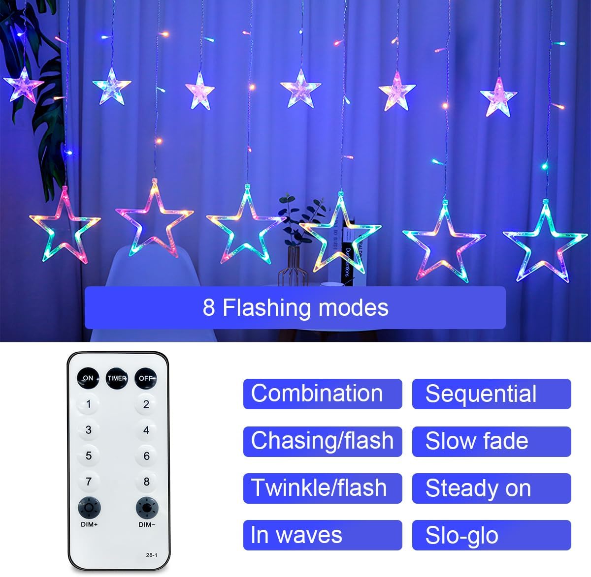 Thumbnail 1 de ROOR DRCR100 Star Curtain Lights, 138 LEDs, 12 Stars, Multicolour, IP65