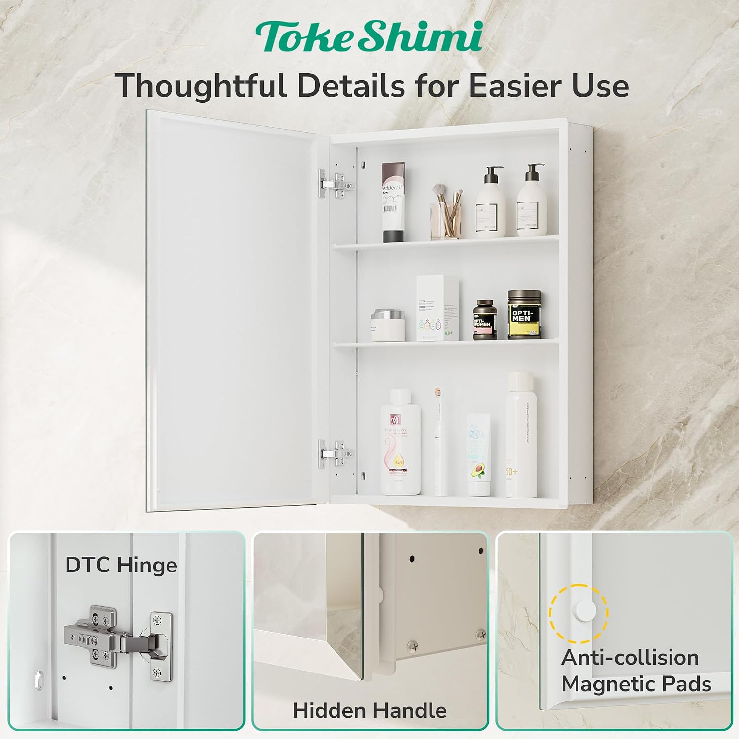 Detalle de TokeShimi 24 x 32 Mirrored Medicine Cabinet with Beveled Mirror, Aluminum Frame, and Dual Mount Options