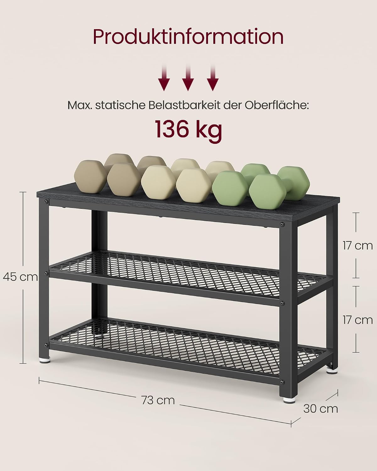 Detalle de VASAGLE Schuhbank LBS073B06 – Schuhregal mit 2 Gitterablagen, 30 x 73 x 45 cm, Ebenholzschwarz