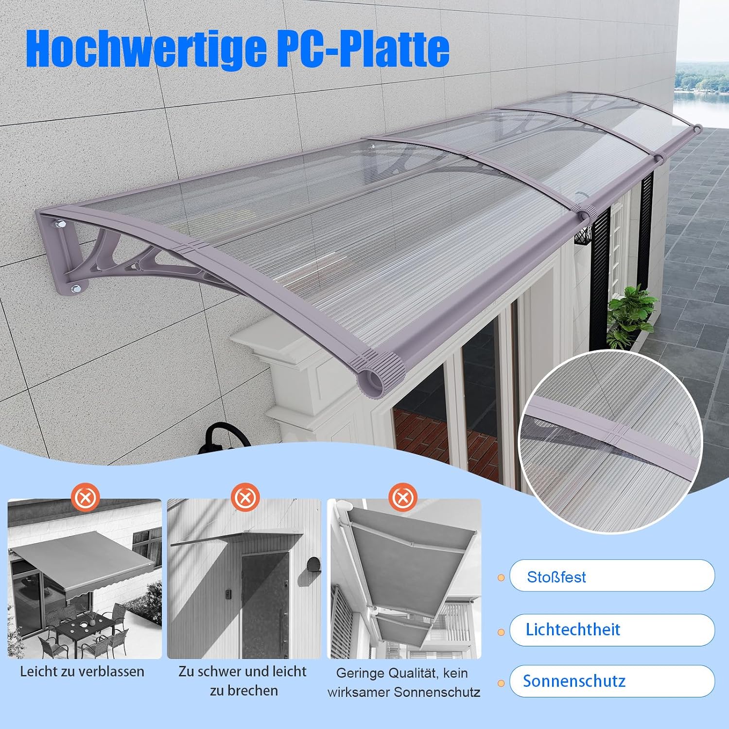 Detalle de Vordach für Haustür 120x80 cm – Polycarbonat-Pultvordach mit Abfluss, UV-Schutz und Wetterschutz