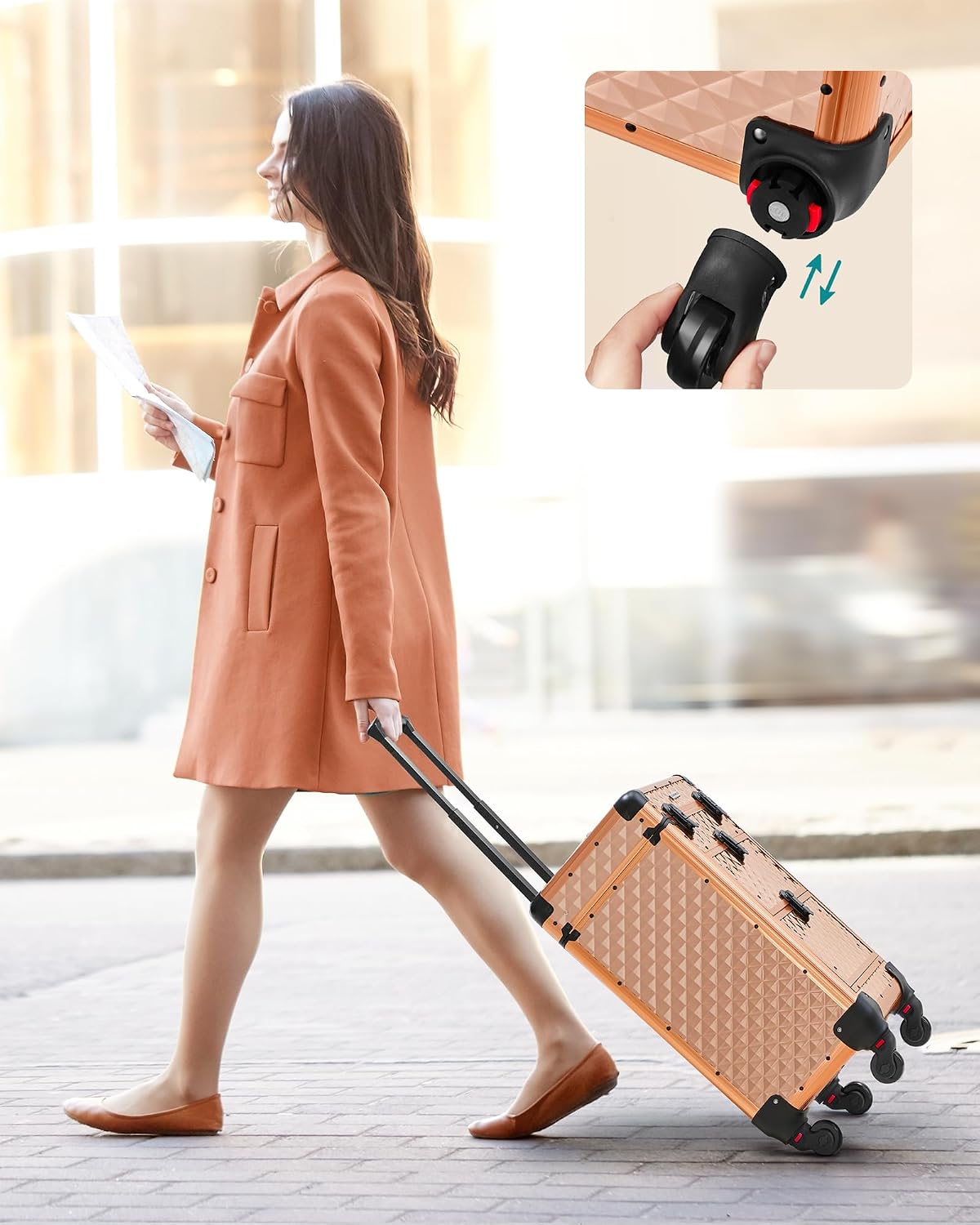 Thumbnail 5 de SONGMICS Cosmetic Suitcase with Wheels, Champagne Gold, 34 x 24 x 56 cm