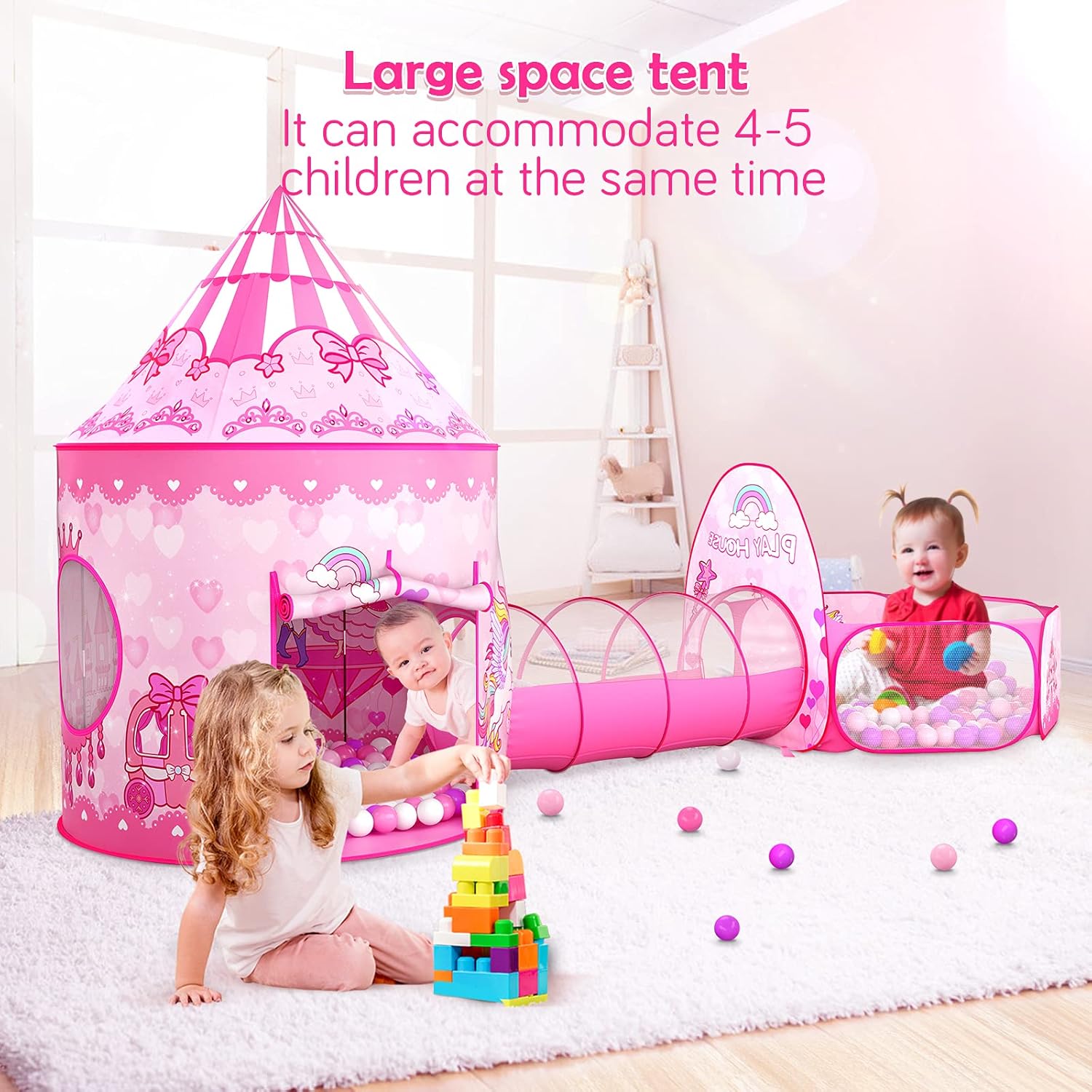 Thumbnail 3 de GeerWest 3-Piece Princess Tent for Girls with Ball Pit and Crawl Tunnel (Pink) – Indoor & Outdoor 3-in-1 Playhouse