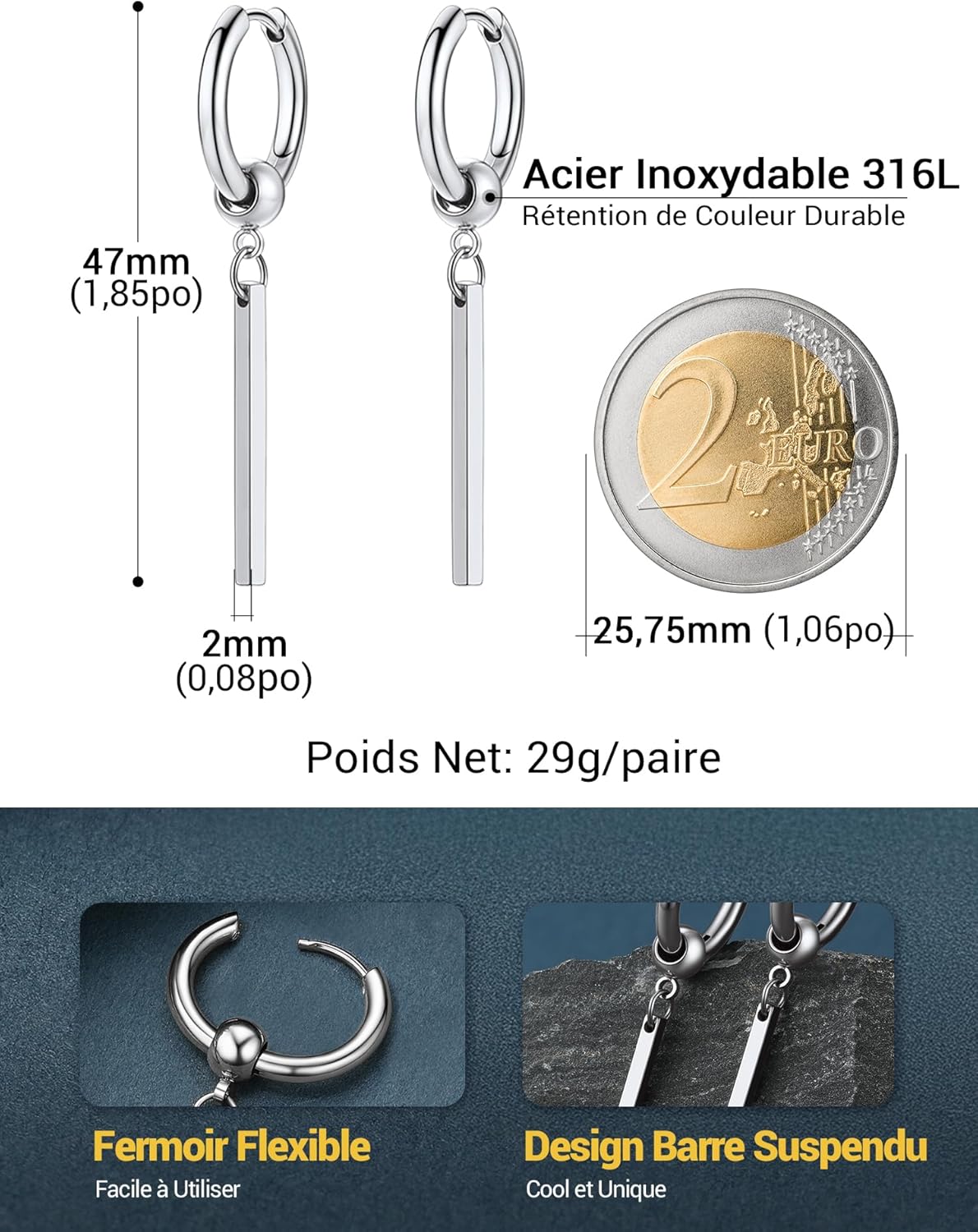 Thumbnail 4 de PROSTEEL Boucles d'Oreilles Homme Créoles 12mm