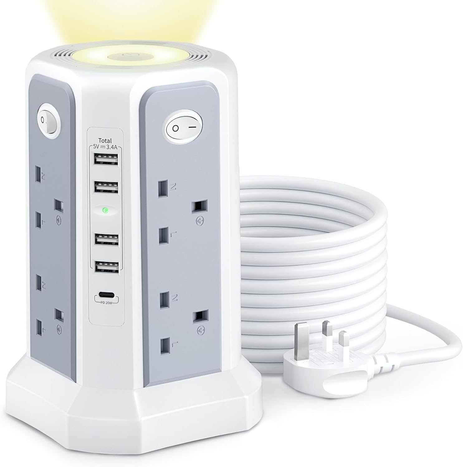 Tower Extension Lead 8-Way 13A 3250W, 5 USB Ports 🔌