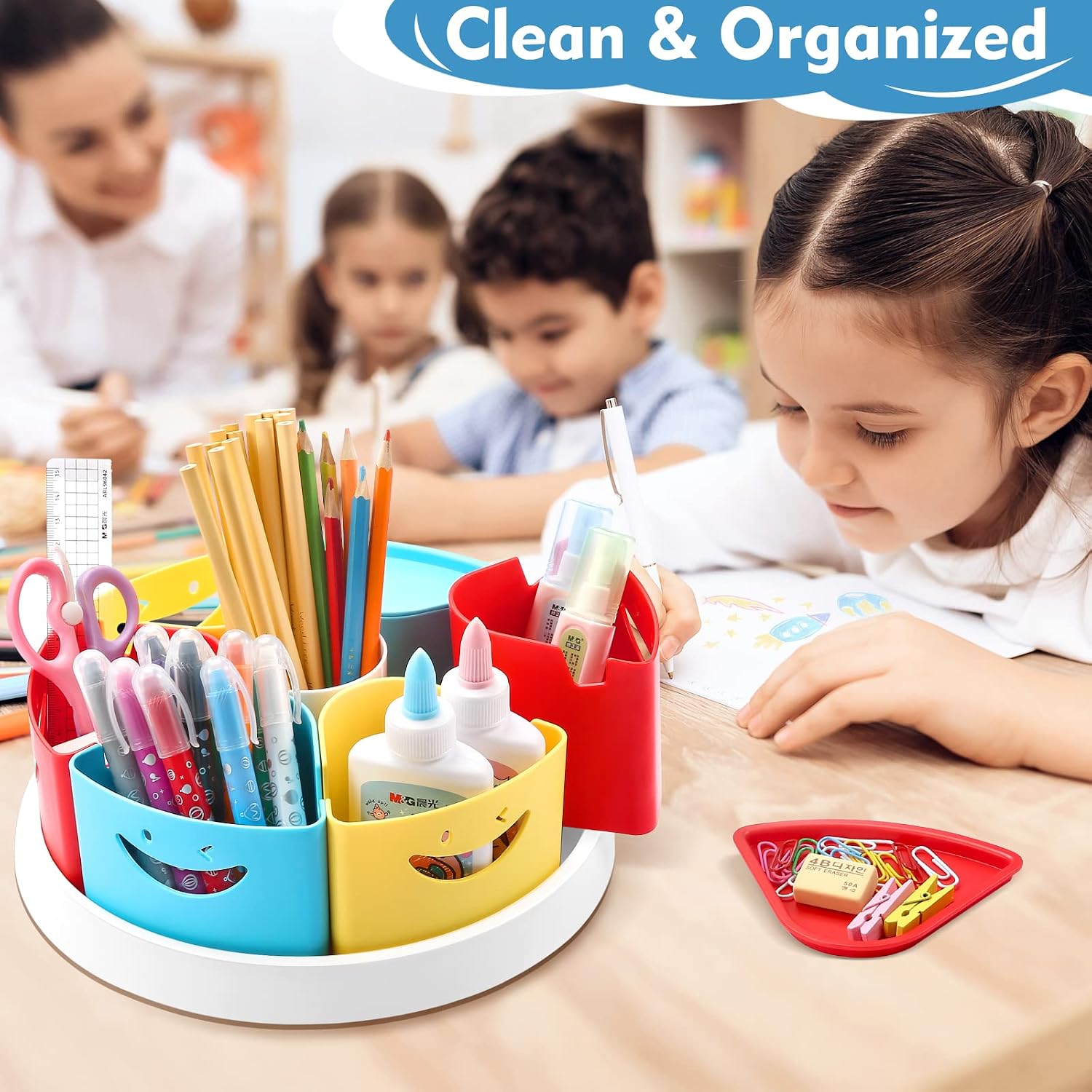 Thumbnail 3 de MeCids Drehteller-Organizer für Büro und Schule – 360° drehbar, 7 abnehmbare Fachteile, Handyhalterung, robustes ABS