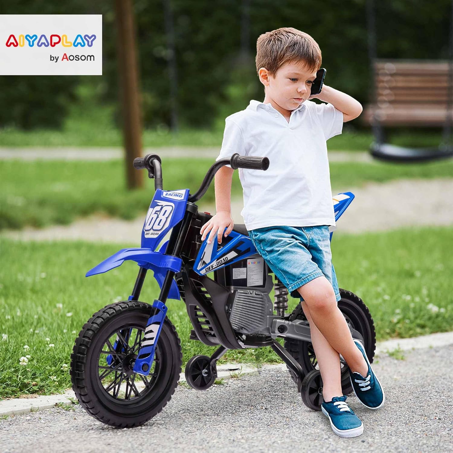 Detalle de AIYAPLAY Moto électrique Enfants – Moto Cross 12V pour enfants (3–6 ans), 2 moteurs, vitesse max 5 km/h