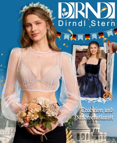Detalle de DIRNDLSTERN Bluse Damen Langarm – Transparente Trachtenbluse mit Punkten, Puffärmel, für Oktoberfest