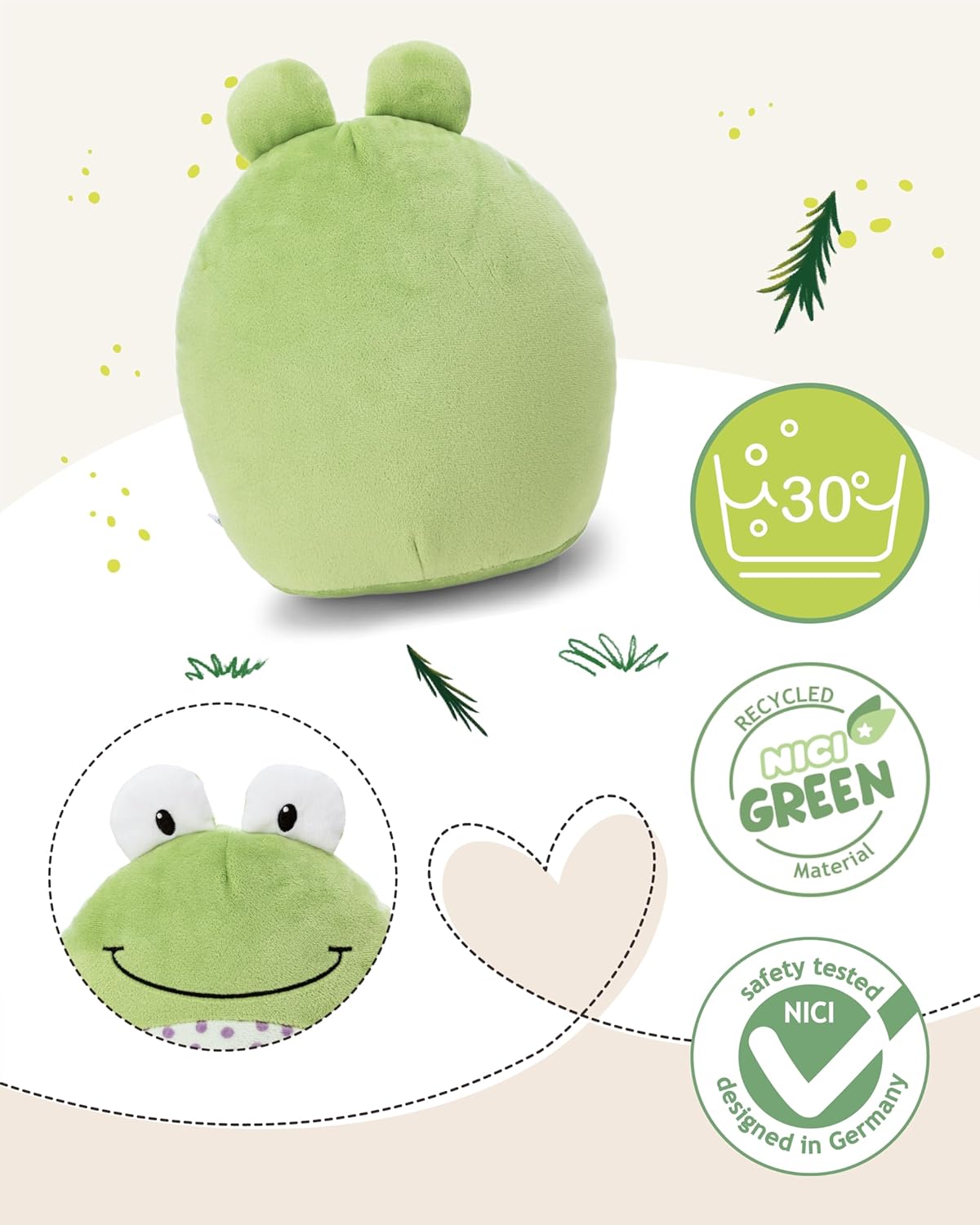 Detalle de NICI Kuscheltier Frosch Fridolin Frog 25x30cm – grün, 3D-Augen, Quak-Faktor – Forest Friends