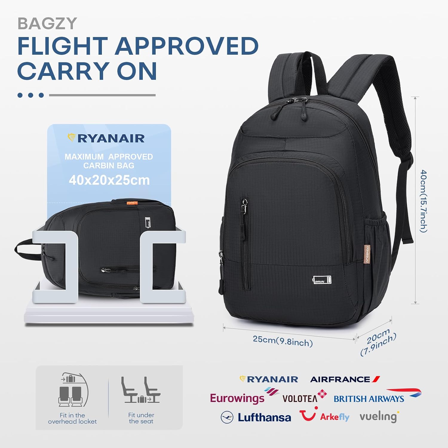 Detalle de BAGZY Zaino Ryanair 40x20x25 - Zaino da Cabina Antifurto 20 L, Impermeabile, Porta PC, Nero