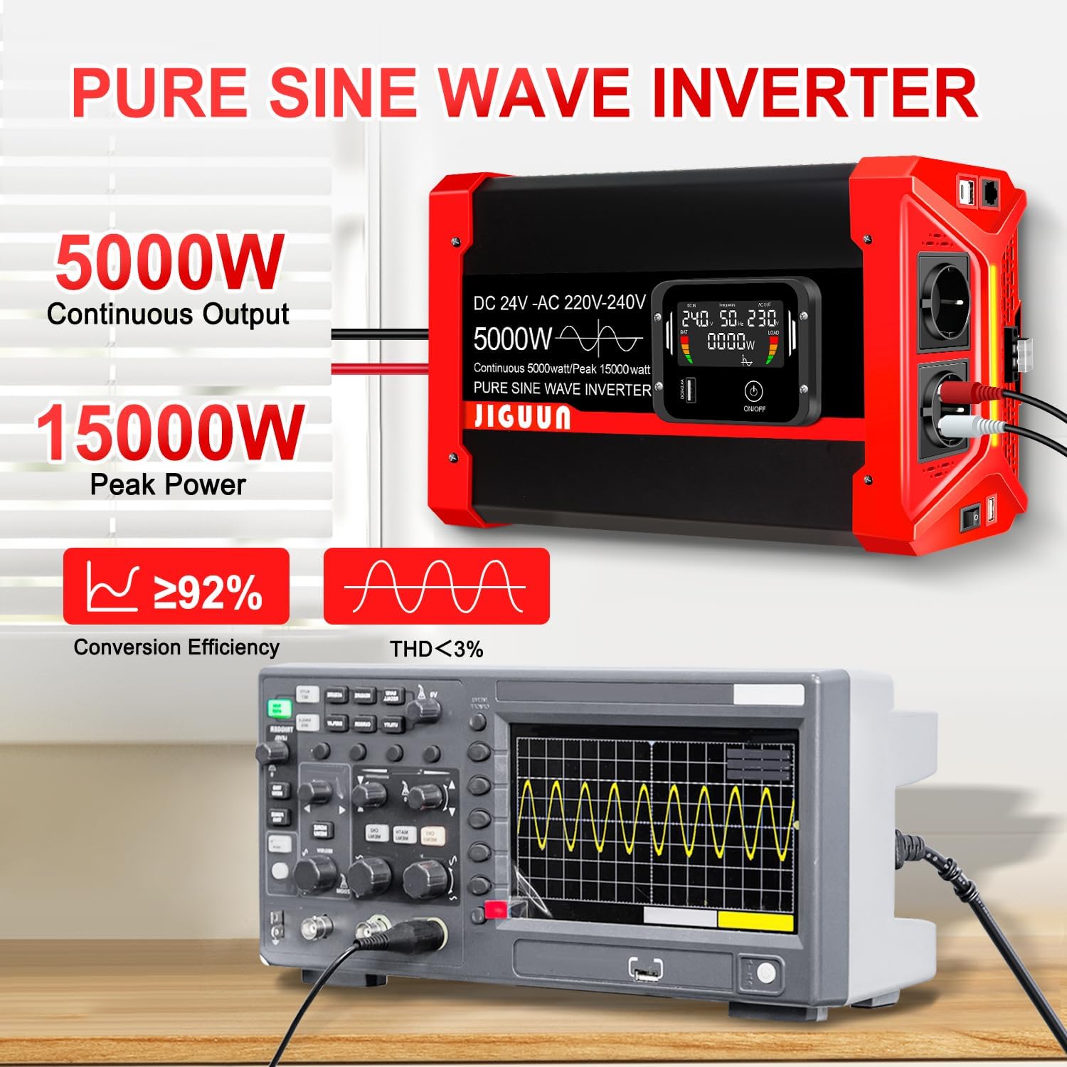 Detalle 2 de JIGUUN 5000W Convertisseur 24V 220V pur sinus