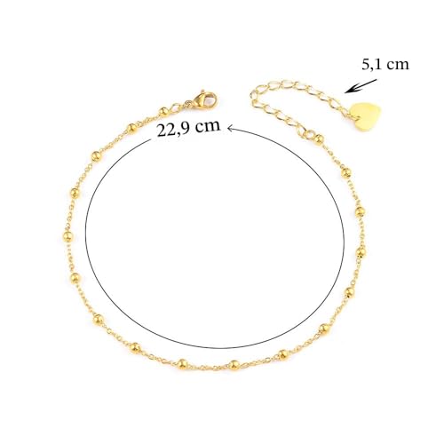 Detalle de VU100 Bracelet de Cheville pour Femme – Perles dorées, chaîne réglable en acier inoxydable