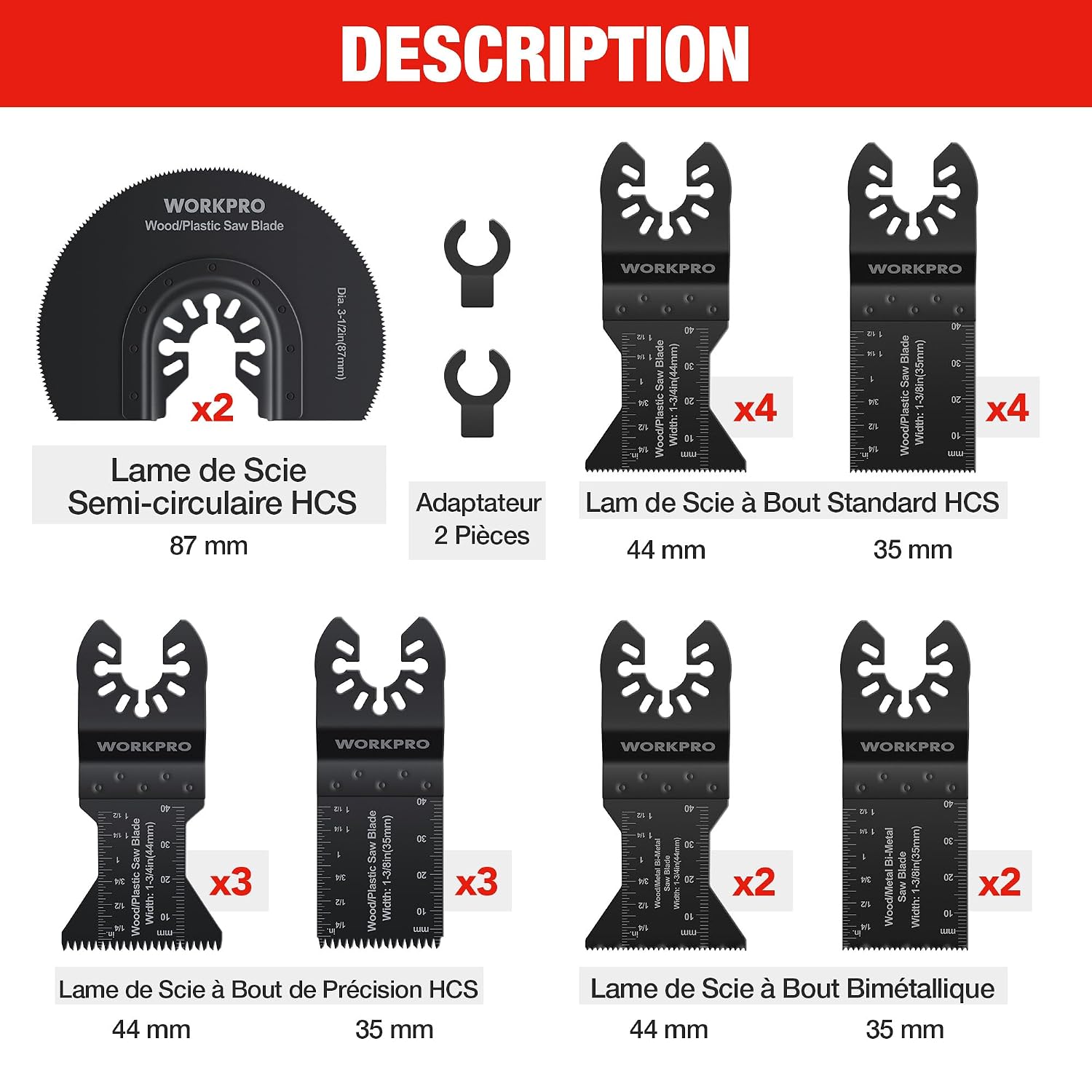 Detalle de Coffret de 22 lames de scie oscillante WORKPRO 22Pcs (universelles) pour bois, métal, plastique et clous