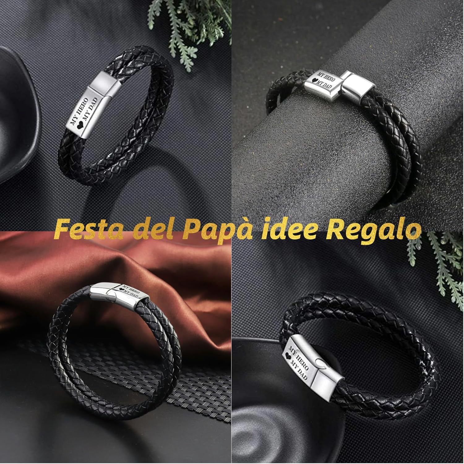 Thumbnail 5 de Jbniuay Vatertagsgeschenk: Lederarmband „Weltbester Papa“ mit Gravur und Perlen