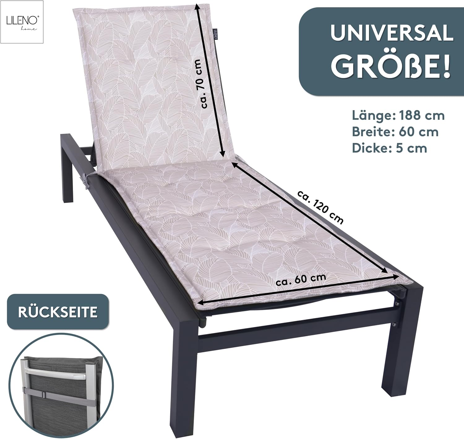 Detalle de LILENO HOME Auflage für Sonnenliegen, 188x60x5 cm – universell passend und UV-geschützt
