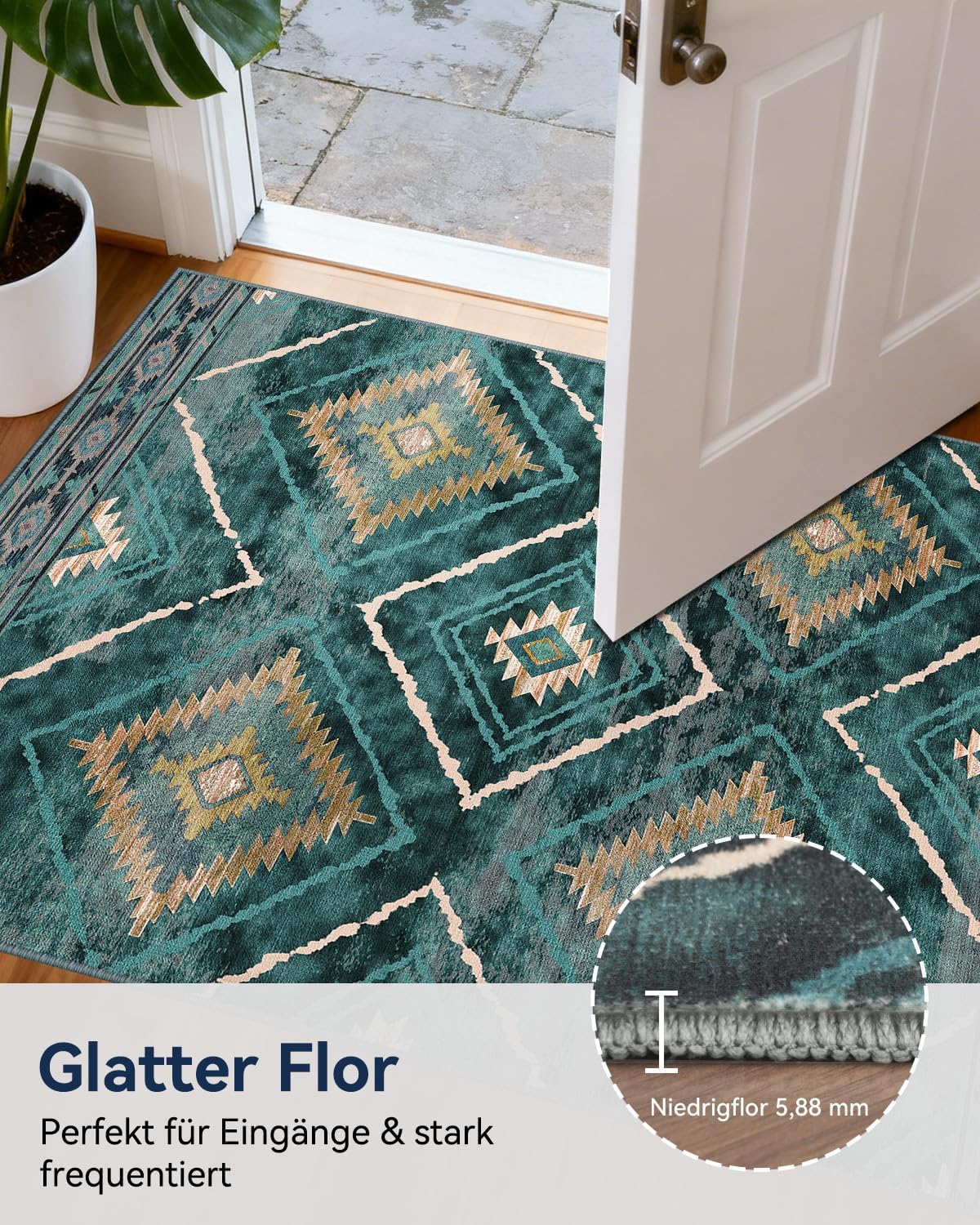Detalle de Tapis de salon lavable en machine DEFYNEE 180 x 270 cm style marocain, bleu canard
